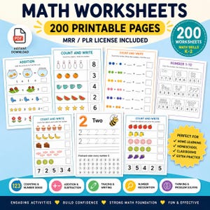 May include: A collection of math worksheets for kids, featuring addition, counting, and number recognition exercises. The pages display colorful illustrations of objects like fish, fruit, and shapes, with the text "MATH WORKSHEETS" and "200 PRINTABLE PAGES".
