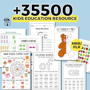 Könnte beinhalten: Eine Sammlung von druckbaren Arbeitsblättern für Kinder. Die Arbeitsblätter umfassen Zählen, Buchstaben nachzeichnen, Symmetrie und Ausmalen. Der Titel oben lautet "+35500 KIDS EDUCATION RESOURCE". Die Arbeitsblätter sind für die frühe Kindheit konzipiert.