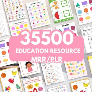 Puede incluir: Una colección de hojas de trabajo educativas para niños, con ilustraciones coloridas y texto. Las hojas de trabajo cubren temas como matemáticas, formas y el alfabeto. Una pancarta rosa muestra el texto "35500 EDUCATION RESOURCE MRR/PLR".