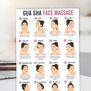 May include: A white instructional poster titled GUA SHA FACE MASSAGE featuring sixteen numbered illustrations of a person demonstrating facial massage techniques with a pink tool, including text descriptions for each step from prepare to finish.