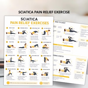 Könnte beinhalten: Ein weißes Informationsplakat mit dem Titel SCIATICA PAIN RELIEF EXERCISES, das sechzehn nummerierte Illustrationen von Dehnübungen und Bewegungen mit gelben Überschriften, schwarzem Text und Darstellungen einer Person in gelber und grauer Kleidung zeigt.