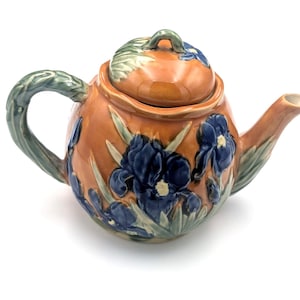 Vintage 1994 Orange Mojolica Blue Iris Stoneware Tea Pot By Henriksen Imports
