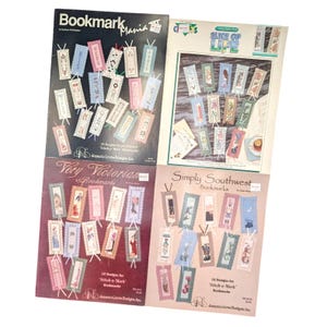 May include: Four instructional booklets for cross-stitch bookmarks titled Bookmark Mania, Slice of Life, Very Victorian Bookmarks, and Simply Southwest Bookmarks. Each cover displays multiple colorful embroidered bookmark designs with various patterns.