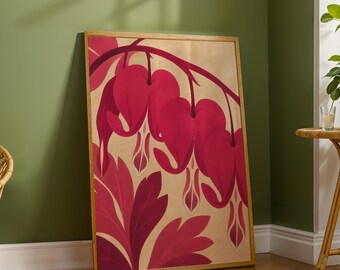 May include: A rectangular framed wall art print featuring a stylized illustration of vibrant magenta bleeding heart flowers hanging from a curved stem against a light beige background, with deep red foliage depicted at the bottom of the composition.
