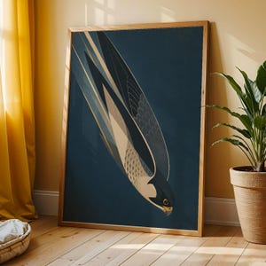 Falcon Poster, Teal and Navy Mid Century Modern Wildlife Art Print, Animal Wall Art