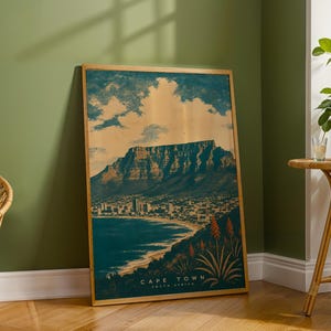 Cape Town South Africa Travel Poster, Teal Vintage Gouache Print