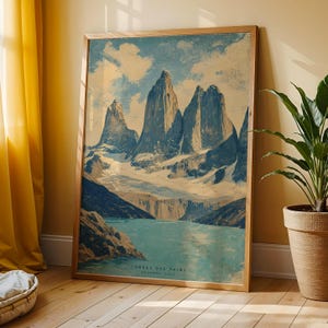Torres Del Paine Retro Travel Poster | Mid Century Modern Wall Decor | Teal Navy Patagonia Print