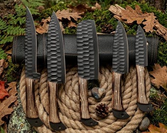 Handmade Forged Kitchen Knife Set of 5 | Professional Chef Knife Set with Leather Roll | Custom Blacksmith Knives | Gift for Him