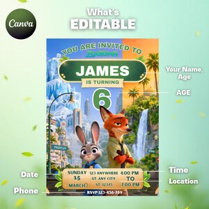 Pu&ograve; includere: Un colorato invito di compleanno a tema Zootropolis. Il design presenta Judy Hopps e Nick Wilde, con il testo "Sei invitato a Zootropolis" e "James compie 6 anni". Include spazio per i dettagli dell'evento.