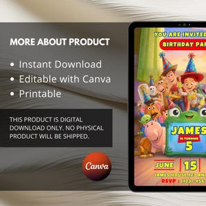 May include: A digital birthday party invitation template featuring animated characters including a cowboy, cowgirl, pig, and green frog. The text reads YOU ARE INVITED, BIRTHDAY PARTY, JAMES IS TURNING 5, JUNE 15, and RSVP. The design is editable via Canva.