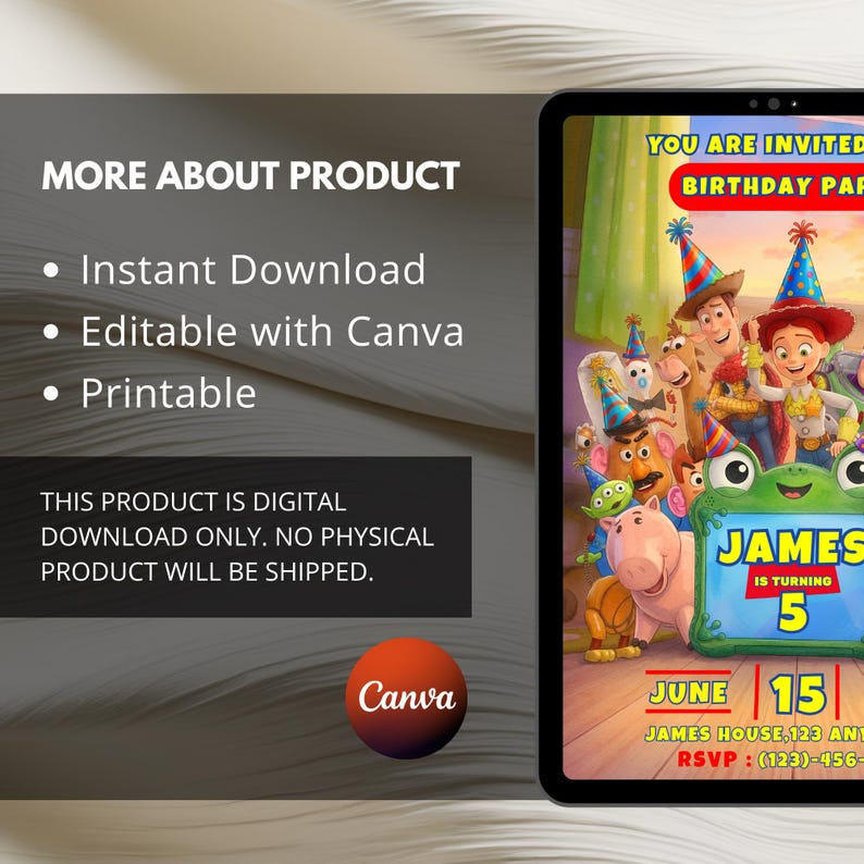 May include: A digital birthday party invitation template featuring animated characters including a cowboy, cowgirl, pig, and green frog. The text reads YOU ARE INVITED, BIRTHDAY PARTY, JAMES IS TURNING 5, JUNE 15, and RSVP. The design is editable via Canva.
