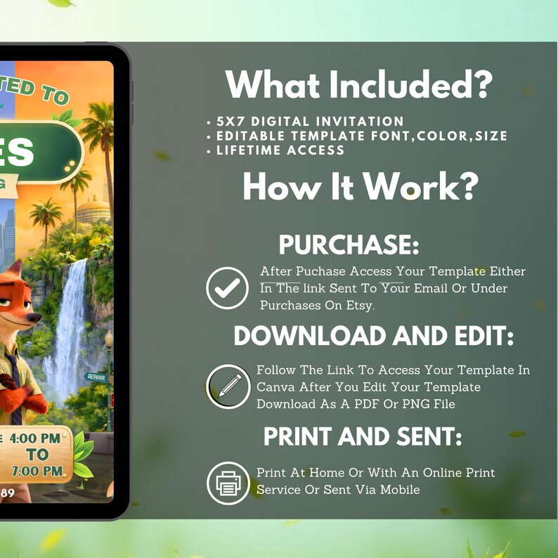 Pu&ograve; includere: Un modello di invito digitale su tablet, con un personaggio di volpe dei cartoni animati e una cascata sullo sfondo. Il testo include "What Included?" e "How It Work?" con istruzioni. L'invito &egrave; di 12,7 x 17,8 cm.