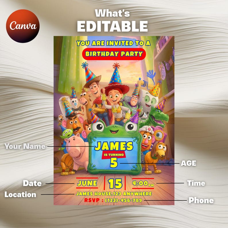 May include: A digital birthday party invitation template featuring Toy Story characters wearing party hats. The text reads: YOU ARE INVITED TO A BIRTHDAY PARTY, JAMES IS TURNING 5, JUNE 15, 4:00 PM, JAMES HOUSE, 123 ANYWHERE, RSVP: (123)-456-789.