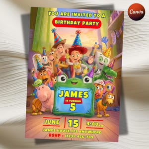 Pode incluir: Um convite de festa de aniversário com personagens de brinquedo animados usando chapéus de festa. No centro, uma moldura verde em forma de sapo exibe o texto: JAMES IS TURNING 5. Outros textos: YOU ARE INVITED TO A BIRTHDAY PARTY, JUNE 15, 4:00 PM, JAMES HOUSE, 123 ANYWHERE, RSVP: (123)-456-789.