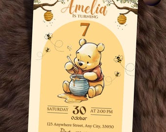 Winnie the Pooh Birthday Invitation | Honey Bear Party Template | Cute Pooh Theme Editable Kids Invite (Digital Download)