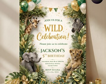 Cute Animals Birthday Invitation Template, Kids Jungle Party Invite, Editable Safari Birthday Card, Printable 5x7 Animal Invite
