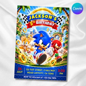 May include: A rectangular birthday invitation featuring Sonic the Hedgehog, Tails, and Knuckles in a vibrant landscape. The text reads Jackson's 5th Birthday, 24 July, 3:00 PM, 123 Toy Street, 2 Hallway Road Anycity, CA 12345, and RSVP to William at +123-456-7890.