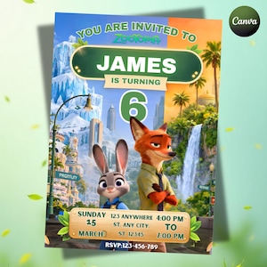 Pu&ograve; includere: Un invito di compleanno a tema Zootropolis con un design vibrante. L'invito presenta i personaggi Judy Hopps e Nick Wilde, con il nome "James" e il numero "6" in evidenza. Include i dettagli dell'evento e le informazioni RSVP.