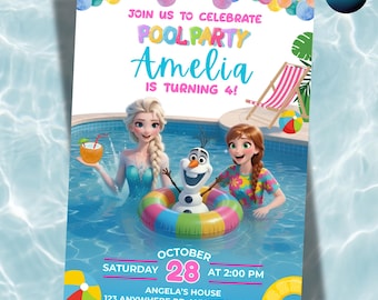 Frozen Fun Summer Party Birthday Invitation, Pool Party Princess Elsa Anna Olaf Invite 2nd 3rd 4th 5th Birthday girl decor instant download