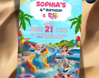 Frozen Fun Summer Party Birthday Invitation, Pool Party Princess Elsa Anna Olaf Invite 2nd 3rd 4th 5th Birthday girl decor instant download