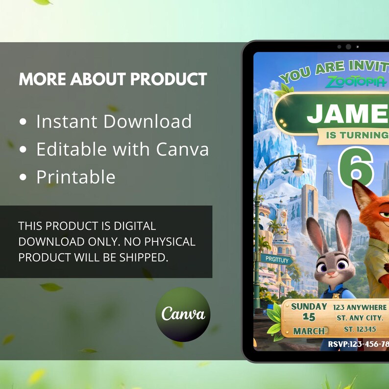 Pu&ograve; includere: Invito di compleanno digitale a tema Zootopia con Judy Hopps e Nick Wilde. L'invito include il nome "James" e il numero "6". Il testo include anche la data, l'ora e il luogo della festa. Il prodotto &egrave; scaricabile immediatamente, modificabile con Canva e stampabile.