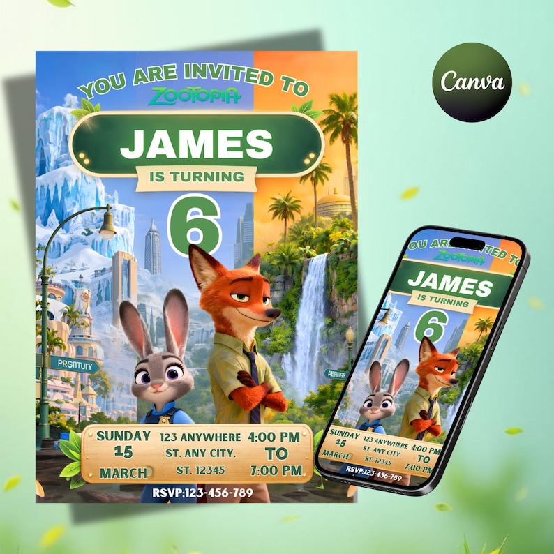 Pu&ograve; includere: Un invito di compleanno a tema Zootopia con Judy Hopps e Nick Wilde. L'invito include il nome "James" e il numero "6", con i dettagli dell'evento. Uno smartphone mostra lo stesso invito.