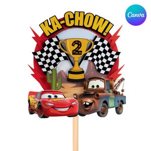 Plantilla para adorno de pastel de Rayo McQueen de Cars, edad editable, decoración de pastel de cumpleaños de coche de carreras, descarga instantánea de Canva