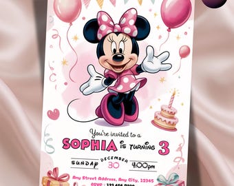 Editable Minnie Mouse Birthday Invitation, Pink Girl Party Invite, Kids Birthday Invite, Canva Template, DIY Texts, Instant Canva Download