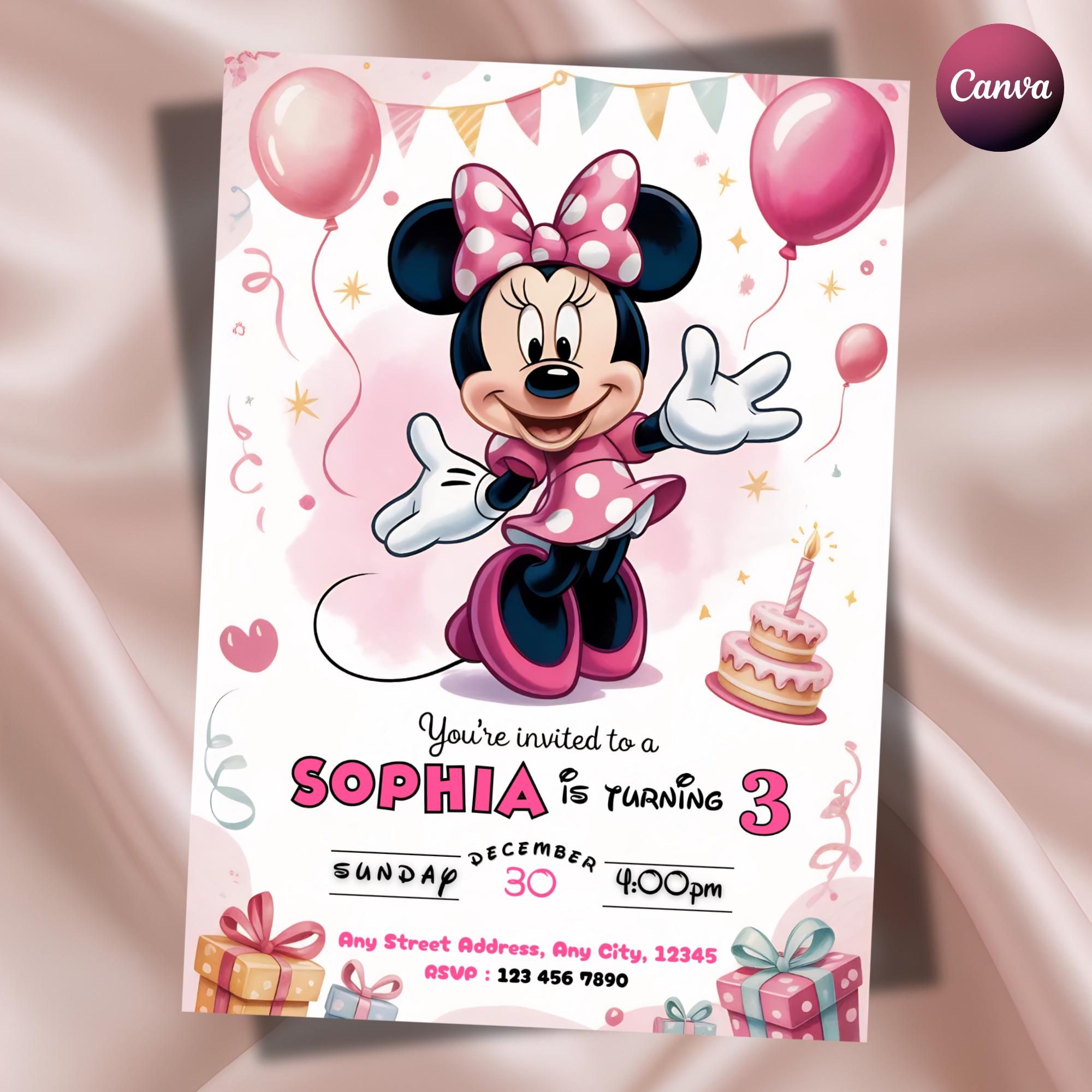 Editable Minnie Mouse Birthday Invitation, Pink Girl Party Invite, Kids ...