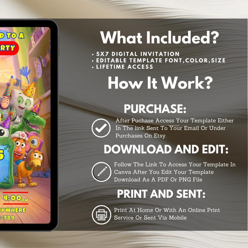 May include: A digital invitation template featuring animated characters in party hats. The text includes What Included, 5x7 digital invitation, editable template font, color, size, lifetime access, How It Work, Purchase, Download and Edit, and Print and Sent.