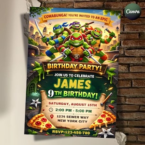 Può includere: Un colorato invito per una festa di compleanno con le Tartarughe Ninja. L'invito include il testo "COWABUNGA! YOU'RE INVITED TO AN EPIC BIRTHDAY PARTY!" e i dettagli per il 9° compleanno di James, tra cui data, ora e luogo.