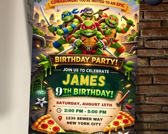 Faire-part d'anniversaire Tortues Ninja - Cowabunga Party, modèle de toile modifiable, carte d'invitation numérique ou imprimable