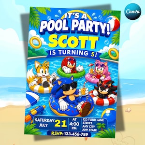 Op de afbeelding: Een levendige zwembadfeestuitnodiging met stripfiguren in een zwembad. De uitnodiging luidt "It's a Pool Party! Scott is turning 5!" met evenementdetails. Het ontwerp bevat een blauw zwembad, strandelementen en de RSVP-informatie.
