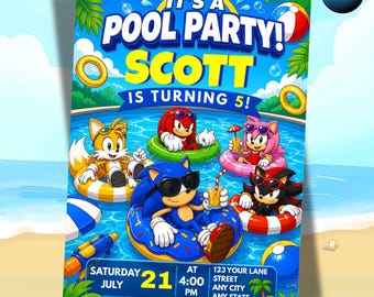 Invito di compleanno per la festa in piscina di Sonic, invito per la festa estiva di Sonic the Hedgehog, download digitale, modello Canva modificabile