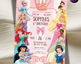 Princess Birthday Invitation Princess Birthday Template Princess Theme Party Princess Invite Princess Canva Template Royal Birthday Invite