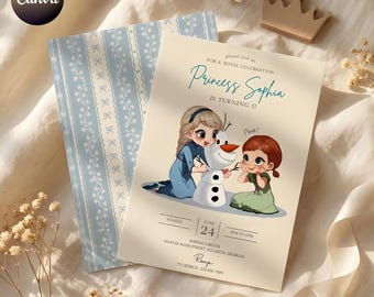 Frozen Birthday Invitation | Elsa Anna Olaf Party Invite Template | Winter Wonderland Editable Invite | Girls Birthday Card | Thank You Card