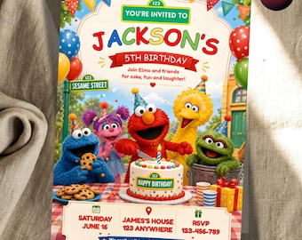Invito di compleanno di Elmo, festa a tema Mostro Rosso Sesamo, modello di compleanno modificabile per bambini, invito a tema Elmo, modello Canva scaricabile immediatamente