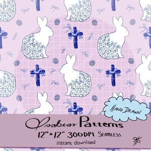 Könnte beinhalten: Nahtloses Muster mit weißen Hasen mit floralen Designs, blauen Kreuzen und Schleifen auf rosa Gittergrund. Der Text "Hand Drawn" befindet sich in einer blauen Wolke, und "Loabear Patterns" in einem Banner am unteren Rand.