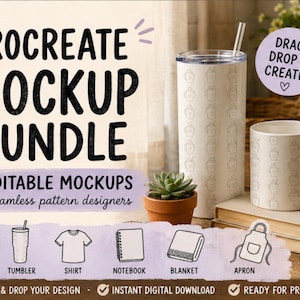 May include: A Procreate Mockup Bundle graphic with the text "Procreate Mockup Bundle" and "6 Editable Mockups for seamless pattern designers". The image includes a mug, tumbler, shirt, notebook, blanket, and apron mockups.