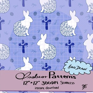 Naadloos blauw paashaaspatroon | Christelijk kruis bloemenpatroon | Lente religieus digitaal papier | Ontwerp met herhaald konijn