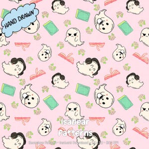 May include: A seamless digital pattern on a light pink background featuring hand-drawn illustrations of white ghosts with various expressions, green books, open pink books, and small yellow roses. The text HAND DRAWN, Isabear Patterns, and Seamless Pattern - Instant Download - 12 x 12 - 300 DPI are visible.