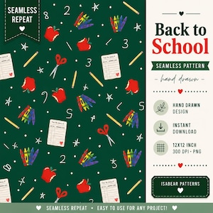 May include: A seamless pattern on a dark green background with school-themed illustrations. The design includes red apples, yellow pencils, scissors, crayons, and notebook paper. The words "Back to School" are displayed in red and white.