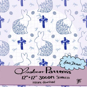 May include: A seamless pattern featuring Easter-themed illustrations. The design includes white rabbit silhouettes with floral patterns, blue crosses with ribbons, and small bows on a light purple grid background. The text "Hand Drawn" is included.