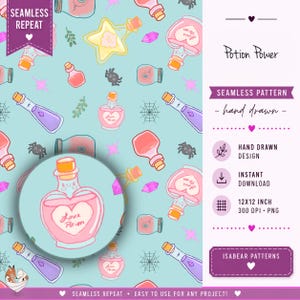 Könnte beinhalten: Ein nahtloses digitales Muster auf hellblauem Hintergrund mit handgezeichneten Illustrationen von Zaubertrankflaschen, Spinnen, Spinnennetzen, Kristallen und Sternen. Die Flaschen sind rosa, lila und gelb, darunter eine herzförmige Flasche mit der Aufschrift Love Potion.