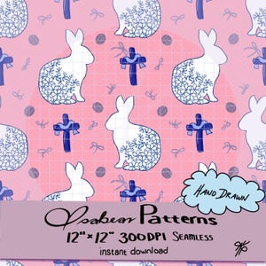 Peut inclure: Motif sans couture avec des lapins blancs ornés de motifs floraux, des croix bleues avec des nœuds et de petits nœuds sur un fond rose quadrillé. Le texte "Loabear Patterns" et "Hand Drawn" sont également visibles.