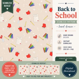 May include: A seamless pattern with a beige background featuring hand-drawn school supplies. The design includes red apples, yellow pencils, colorful crayons, scissors, and lined paper. The words "Back to School" are displayed in red.