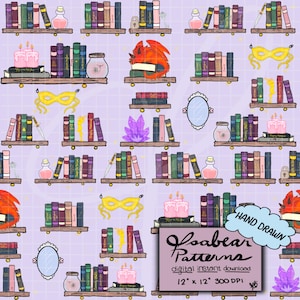 May include: A repeating pattern featuring illustrated bookshelves, books, masks, crystals, and cakes on a lavender background. The design includes a dragon, a mirror, and potion bottles. The text "Loabear Patterns" is visible.