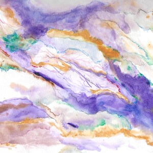 May include: Abstract watercolour painting with flowing shapes in shades of purple, brown, gold, and green. The artwork features a dynamic composition with layered washes of colour, creating a sense of depth and movement. The painting is on a white background.