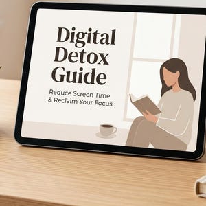 May include: A digital tablet displays the text "Digital Detox Guide" with the tagline "Reduce Screen Time & Reclaim Your Focus." The tablet is on a wooden surface, next to a coffee mug, a notebook, and a small potted plant. The scene suggests a focus on wellness.