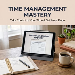May include: A tablet displaying "TIME MANAGEMENT MASTERY" with the tagline "Take Control of Your Time & Get More Done." A notebook, pen, and coffee cup sit on a wooden desk. A small potted plant and books are in the background.